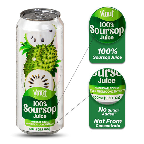 100% 16.9 oz (500 mL) Pack 24 VINUT Soursop Juice, No Added Sugar, Not From Concentrate, fl Can