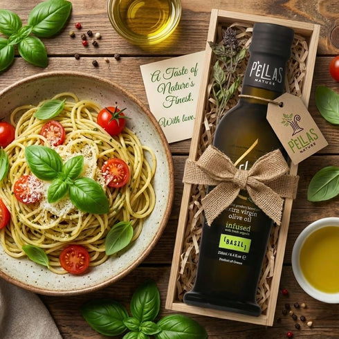 8.5 oz. Pellas Nature, Organic Basil Infused Greek Extra Virgin Olive Oil, Finishing oil, Gold Award Winner, Kosher
