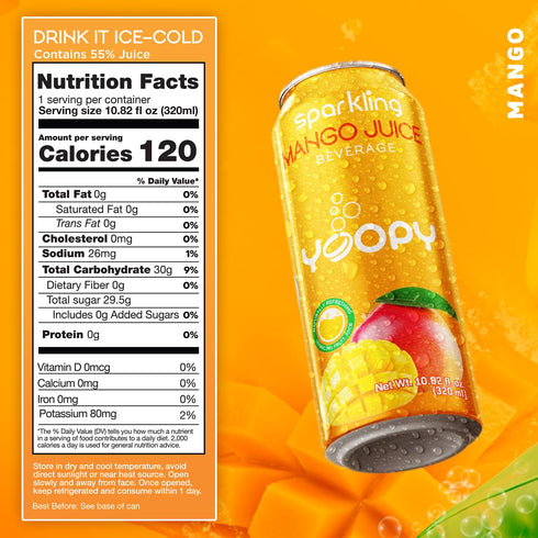 12-Pack (10.82 oz 55% Yoopy Sparkling Mango Juice fl Cans) Mango Juice No Added Sugar Natural Hydration with Tropical