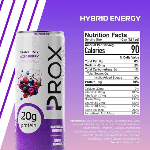 20g 200mg 90 12 Pack PROX Hybrid Energy Drink with Protein, Zero Sugar, Natural Caffeine, Calories, (Mixed Berry)