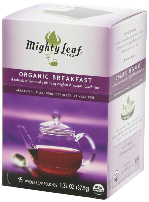 45 Count (3 Packs 15) Mighty Leaf Organic Breakfast Black Tea of Silken Pouches Premium Whole Leaf Caffeinated Tea Bold
