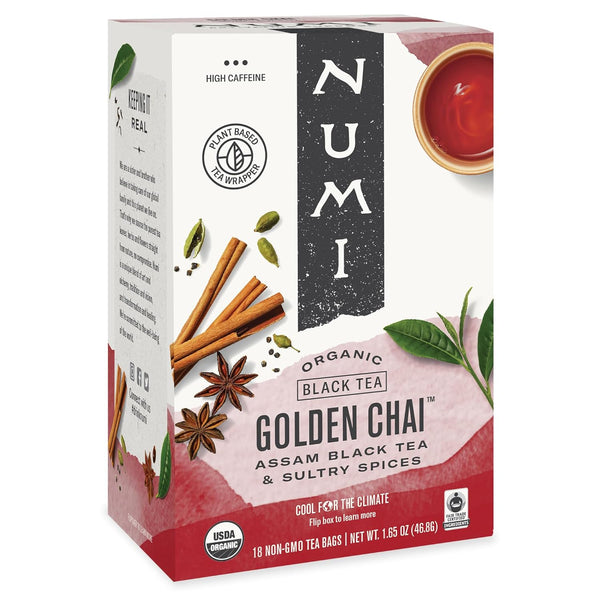 Numi Organic Golden Chai Tea, 18 Tea Bags, Assam Black Tea, Cardamom,
