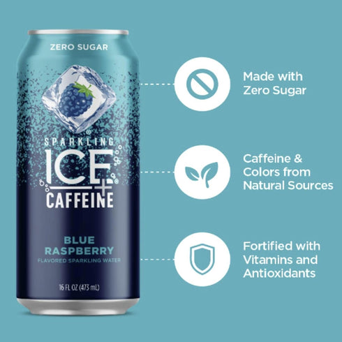 Vallary 16 Oz (Pack 8) Water, Sparkling + Caffeine Blue Raspberry, with Antioxidants and Vitamins, Zero Sugar, Fl