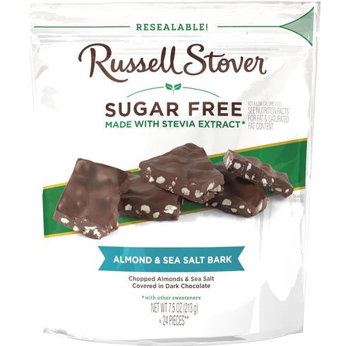 7.5 oz 24 RUSSELL STOVER Sugar Free Dark Chocolate Almond & Sea Salt Bark, bag ( pieces)
