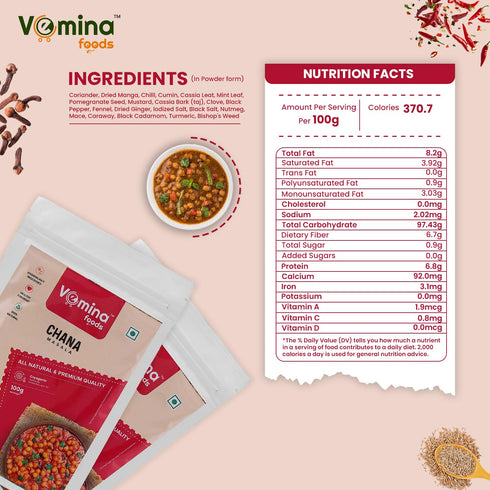 100g,Authentic VEMINA Chana Masala Powder Indian Chickpea Curry Spice Mix, Fresh, Aromatic & Flavorful