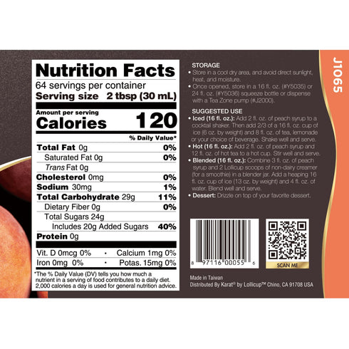 J1065 64 oz Tea Zone fl. Peach Syrup for Tea, Beverages, Sweets, Ice Cream, Cocktails Blending