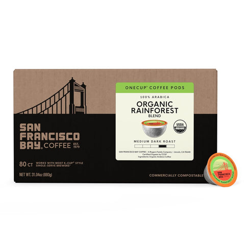 (80 Commercially San Francisco Bay K-Cup Coffee Pods, Organic Rainforest Blend ct), Medium-Dark Roast, Compostable USDA