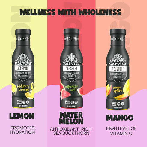 Pack (6 Karviva ACE Collagen Sport Juice Variety - Inspired by Traditional Eastern Remedies for Healthy Joints, Skin