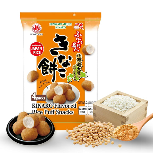 Visit the Store 100% (3 pack, Rice Puff Snack Funwari Meijin Light & Melting Sweet Soybean Powder Kinako Flavored Rice