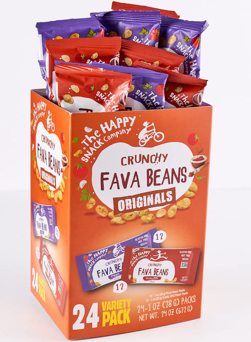 Pack 24 1 oz 130 The Happy Snack Company Fava Beans Variety x (Smoky BBQ Flavor and Pizza Flavor). High Fiber Vegan