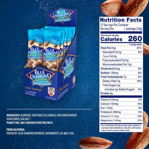(1.5 Oz. Pack 12) Blue Diamond Almonds, Roasted Salted Flavored Snack Nuts, Single Serve Bags Tubes