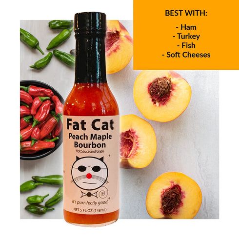 6 Peach Maple Bourbon Natural Hot Sauce & Glaze by Fat Cat Gourmet | Sweet Savory Southern Flavor | Mild Heat |