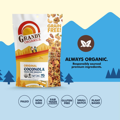 9oz Pack 3 Grandy Organics Original Coconola Granola, Certified Organic Gluten Free Granola, Grain Free, Vegan