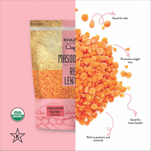 7lb Khazana Organic Masoor Dal - Red Lentils | Non-GMO, Gluten Free & Kosher | Authentic Lentils From India