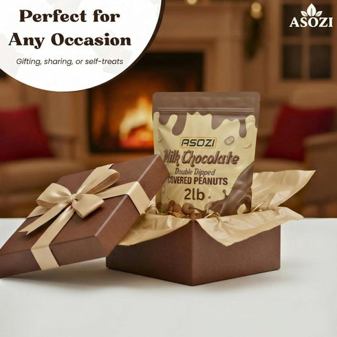 2LB ASOZI Double Dipped Milk Chocolate Covered Peanuts Resealable Bag Extra Thick Chocolate Coating, Crunchy Premium