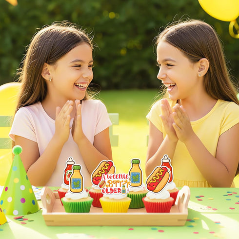 36Pcs A Weenie Bit Older Cupcake Toppers Hot Dog Birthday Party Decorations Hotdog Sausage Cake Decor for Kids BBQ