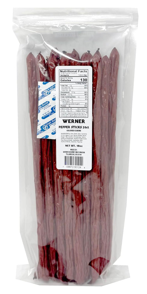 20 Pack 18 Oz 12" Werner Pepper Meat Sticks - Bulk Meat Sticks - Big Sticks