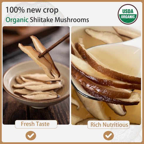 (3.53Oz) VIGOROUS MOUNTAINS Organic Shiitake Mushrooms Sliced, Great Size Fresh Texture Rehydrate Quickly, Dried
