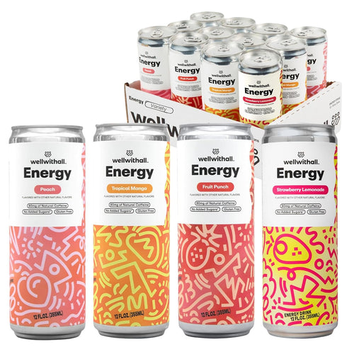 WellWithAll Energy Drink Variety Pack, Strawberry Lemonade, Fruit Punch, Tropical Mango, Peach