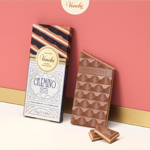 1878 3.88oz Venchi - Cremino Chocolate Bar with Almond Gianduja and Hazelnuts, - Gluten Free