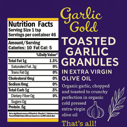 6.4 oz Garlic Gold Organic Toasted Garlic Granules in Extra Virgin Olive Oil, Crunchy Garlic in Olive Oil, Glass Jar