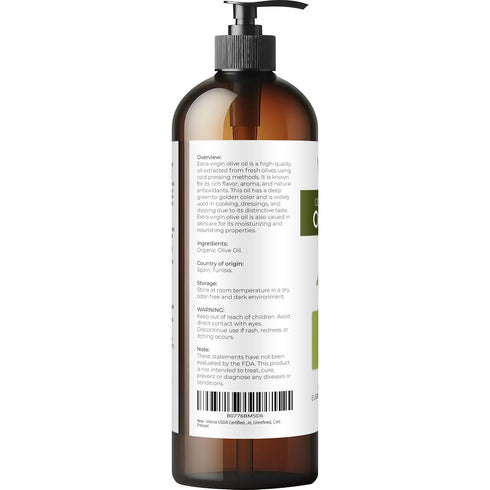 16 Oz 100% velona USDA Certified Organic Olive Oil - Fl | Pure and Natural Carrier Oil | Extra Virgin, Unrefined, Cold