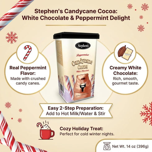 STEPHEN'S 14 oz (Pack 1) Stephens Gourmet White Chocolate Candy Cane Hot Cocoa Mix, Creamy Peppermint Cocoa, Canisters
