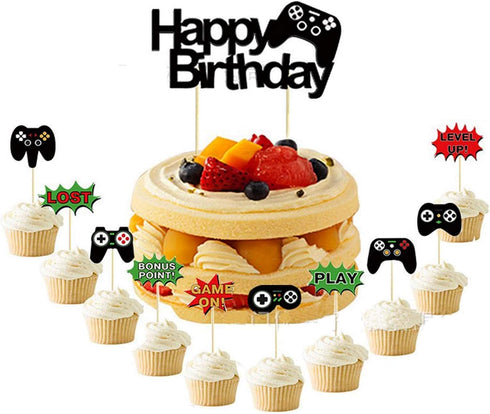 11 Pcs Video Game Happy Birthday Cake Toppers Set - Game Controllers Cupcake Decorations Picks for Kids or Man Party
