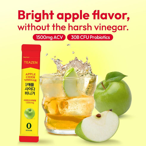 Packets 1500mg 10 Counts TEAZEN Apple Cider Vinegar Drink Powder On-the-Go Wellness with ACV, Sugar-Free, Postbiotics
