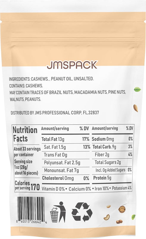 JMSPACK 16 (1 Lb) - Whole Cashews Unsalted, Ounces