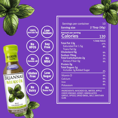 100% 10 oz. BRIANNAS - Avocado Oil Herb Vinaigrette Dressing - Nutrient Rich, Low Sodium, Keto & Paleo Friendly Salad