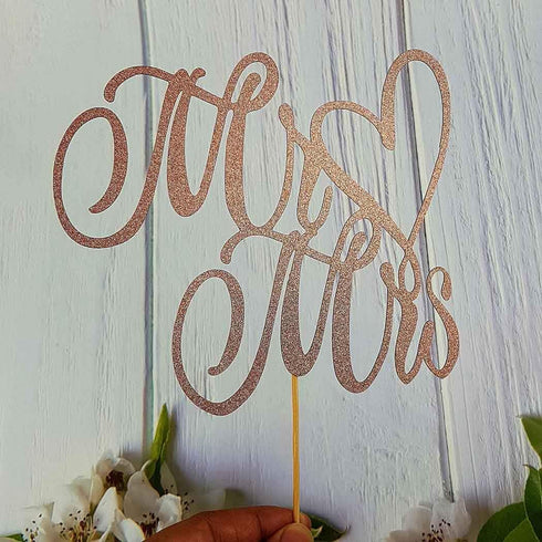 Mr and Mrs Cake Topper, Bride and Groom Sign, Wedding Engagement Cake Decorations, Double-faced Rose Gold Glitter
