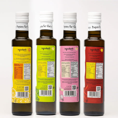 Pack 4 4X250ml of Extra Virgin Flavored Olive Oil - Garlic, Chili, Lemon & Basil Infused EVOO - Cold Pressed