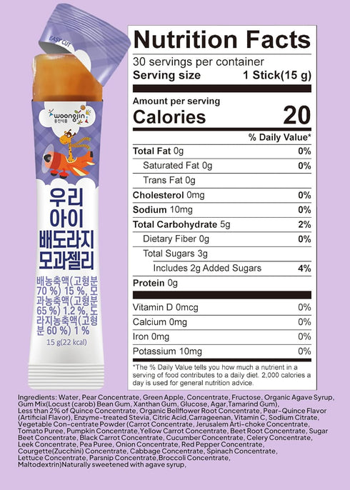 30 (15.87 oz) Korean Food Woongjin Kids Pear Bellflower Root Quince Jelly Stick Naturally Sweetened Fruity Flavor Jelly
