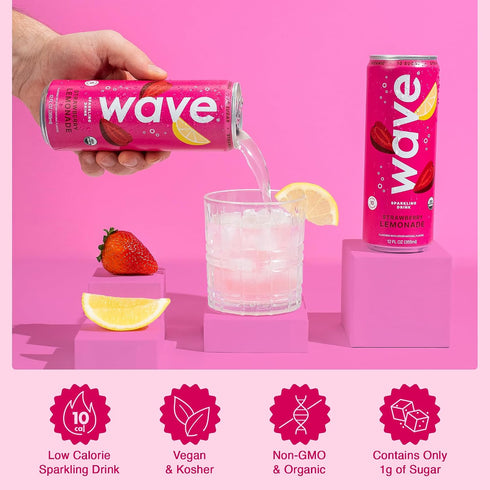 |12 Pack WAVE Organic Sparkling Drink | Low Calorie Drink, Strawberry Lemonade Lightly Carbonated | Great Natural Soda