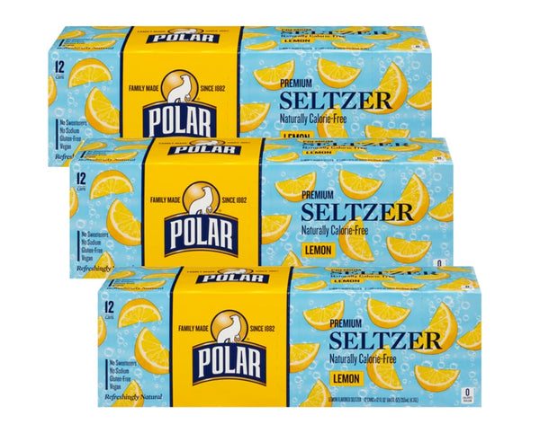 Polar Seltzer Water Lemon 100% Natural Sparkling Soda Beverage Soft Drink Cans