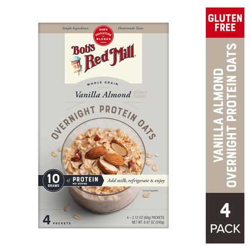 4-2.12 oz Packets Bob's Red Mill Whole Grain Vanilla Almond Overnight Protein Oats