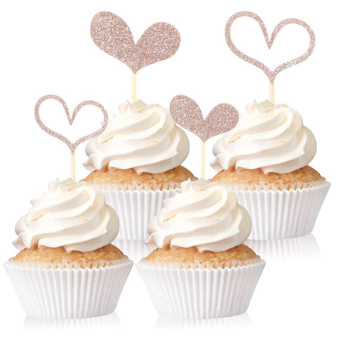 Fuutreo 48 Pcs Glitter Heart Cupcake Toppers, Wedding Cake Decorations for Valentines Day, Bridal Shower Party Supplies