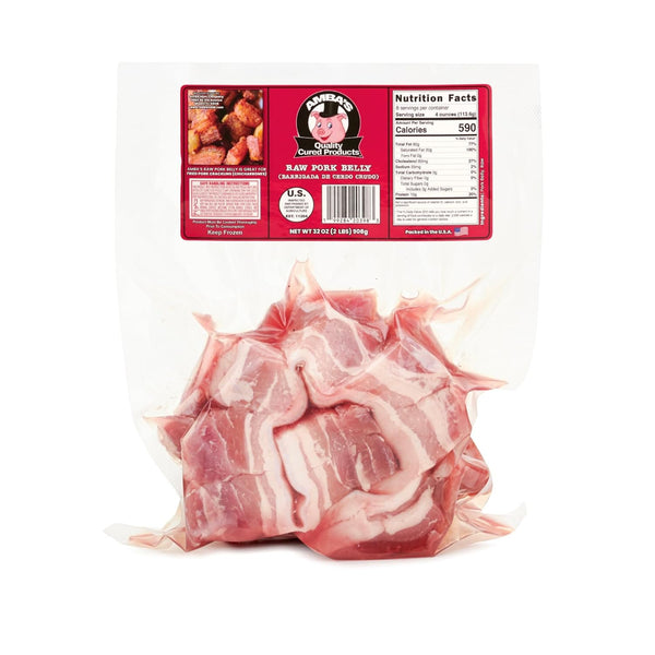 Amba's Quality Cured Products Raw Pork Belly (Skin On), Net Weight 32oz (2 lbs) Vacuum Pack