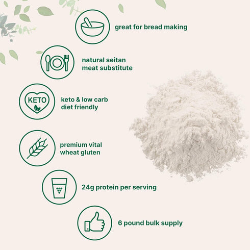 6lbs 24g Premium Vital Wheat Gluten, Powder | Great for Bread Making & Seitan | High Protein Per Serving | Low Carb