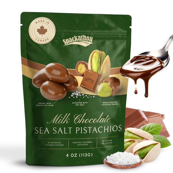 Snackathon Milk Chocolate Covered Pistachios with Sea Salt 4 oz, Creamy Pistachio