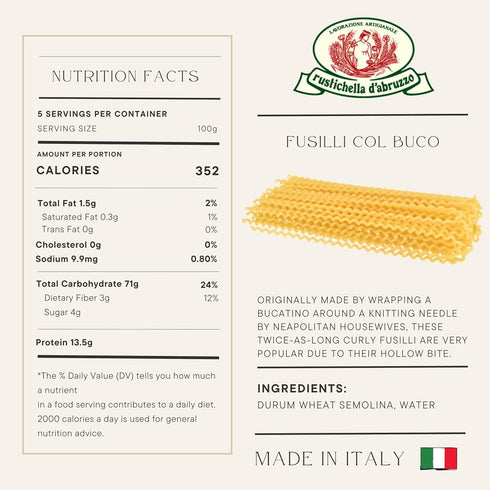 17.6oz (Pack 2)- Rustichella d'Abruzzo Fusilli col Buco of Classic Authentic Italian Long Curly Pasta - Perfect