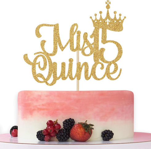 Mis Quince 15 Cake Topper, Hello 15, Cheers to 15 Years, 15th Birthday/Anniversary Party Decorations Gold Glitter