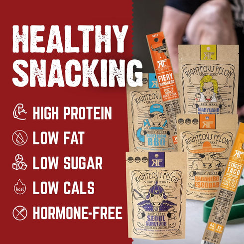 Pack Packs 6 Pack Righteous Felon Beef Jerky & Meat Sticks Variety | Gluten Free Beef Jerky Snack for Adults | High