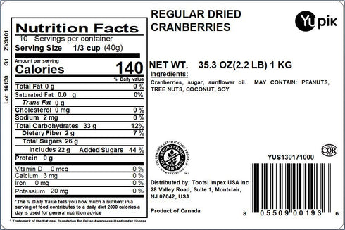 2.2 lb (35.2 oz), Yupik Dried Cranberries, Dried Whole Fruits, Fruity & Tart, Plump & Chewy, Source of Fiber, Healthy