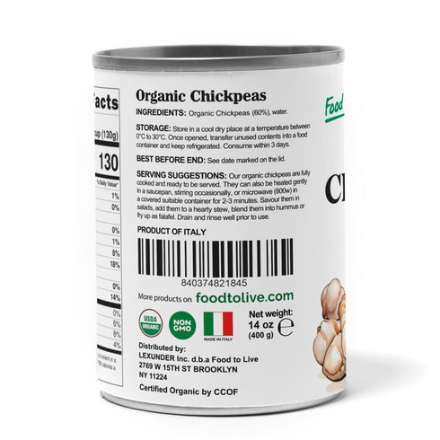 14 oz (Pack 2) Food to Live Organic Canned Chickpeas, of - Unsalted Non-GMO Garbanzo Beans. Vegan. USDA Certified