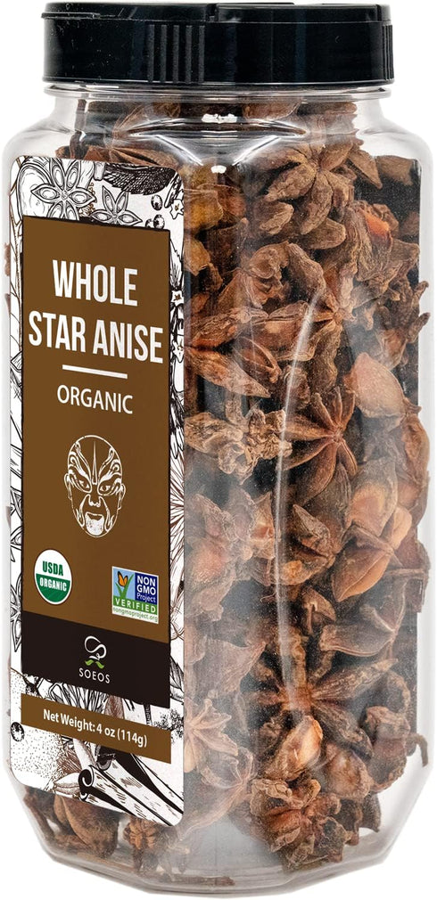 Soeos Organic Whole Star Anise (4 oz) - Chinese Star Anise Pods, Non-GMO Verified for Beverages, Cooking, Baking