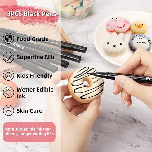 Fanika 3pcs (0.4mm) (0.7mm) Black Edible Markers - Double Sided with Extra Fine Tip Thick Tip Edible Pens, Double-sided