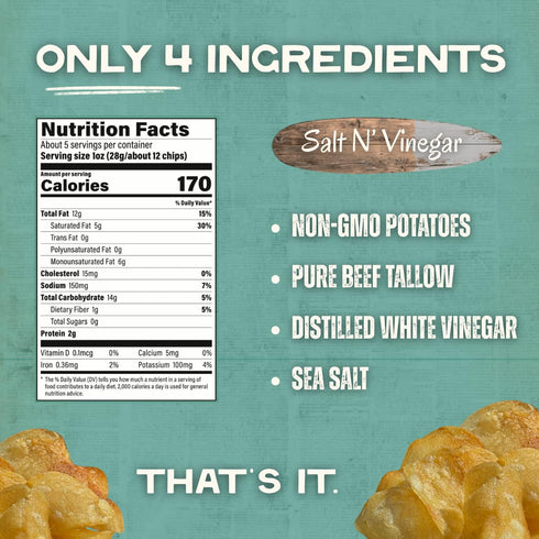 (5 Oz, Pack 4) Beefys Own Beef Tallow Potato Chips - Kettle Chips Made Without Seed Oils, Gluten Free, Crispy