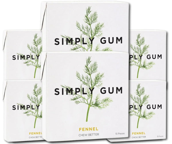 Simply Gum Fennel Plant-Based Chewing Gum Pack of Six (90 Pieces Total) Synthetic Plastic Free + Aspartame Free